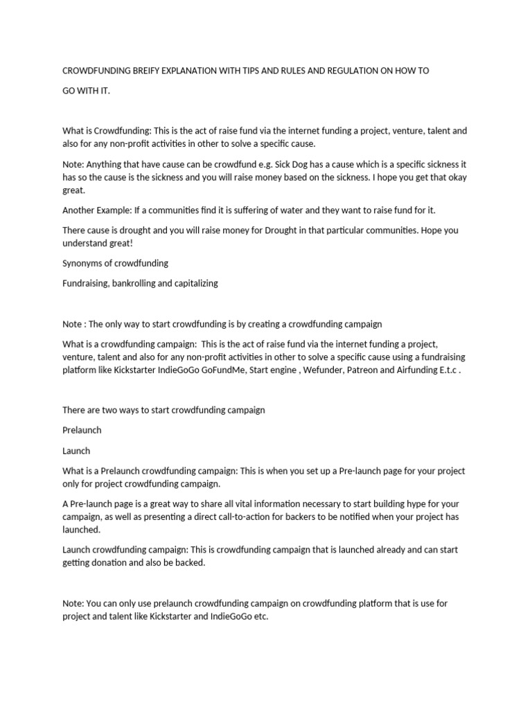 Crowdfunding breify explanation with tips and rules and regulation on
