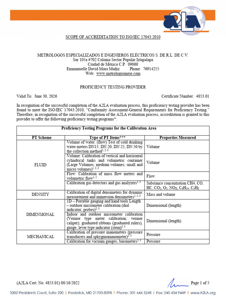 Proficiency Testing Programs For The Calibration Area PT Scheme Type of ...