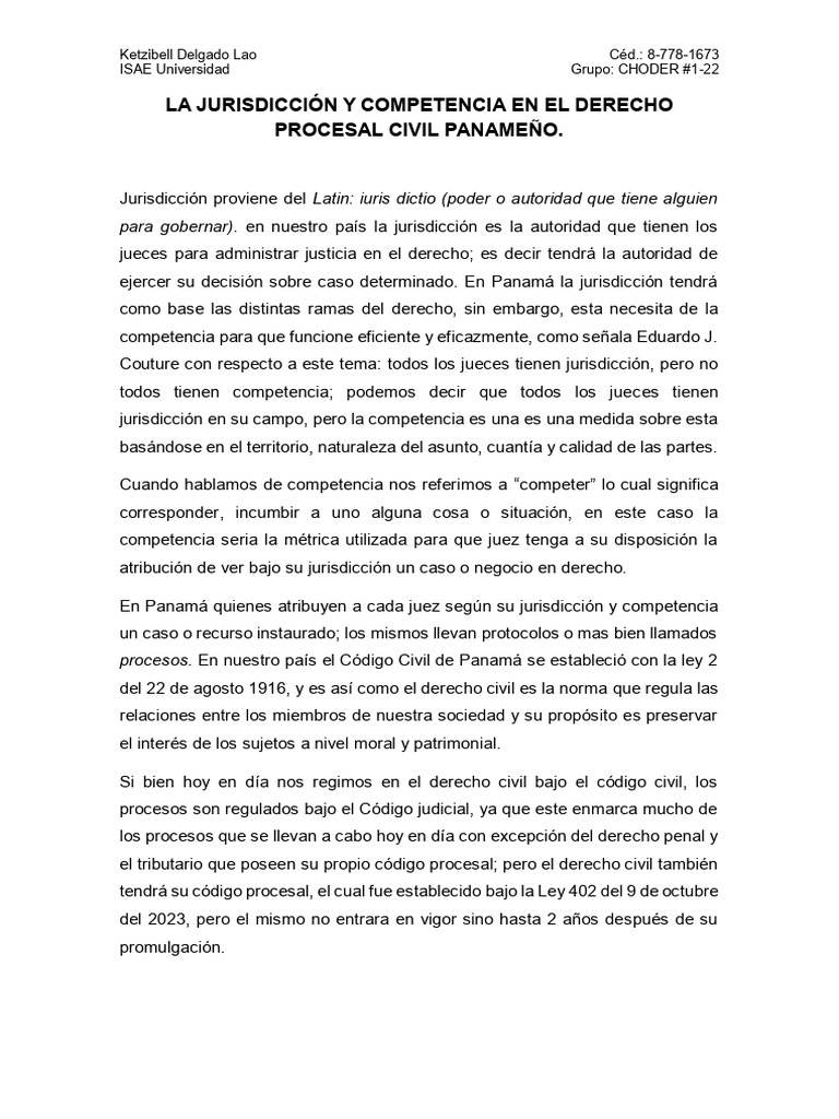 La Jurisdicción y Competencia en El Derecho Procesal Civil Panameño | PDF