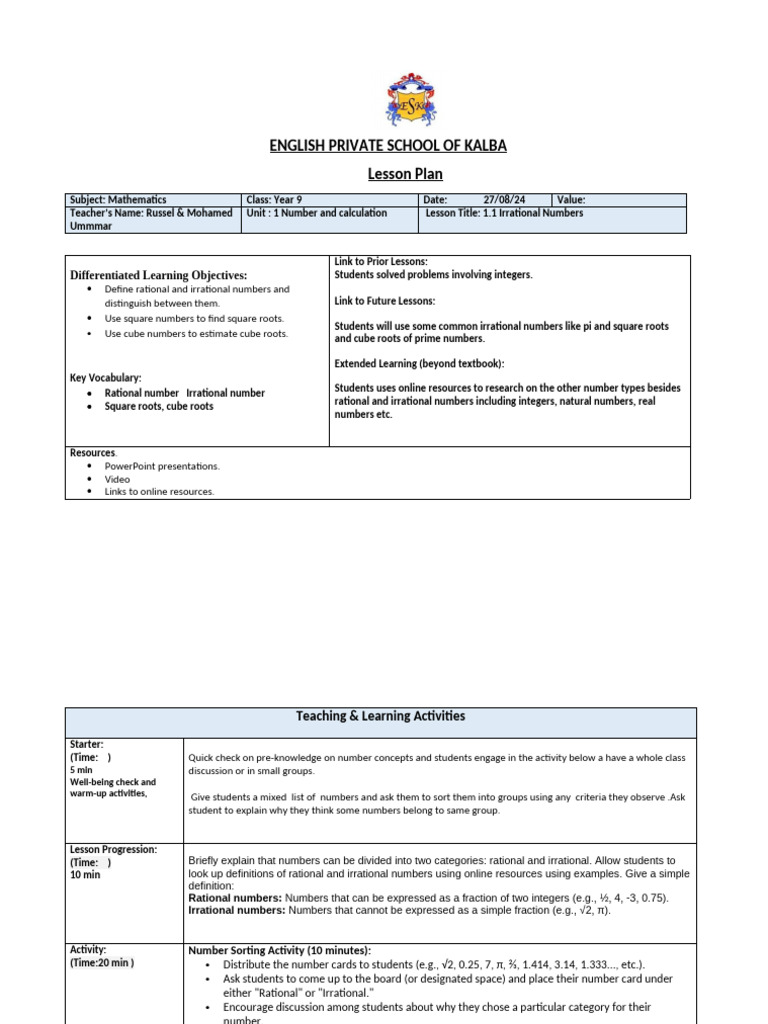 English Private School of Kalba Lesson Plan: Differentiated Learning ...