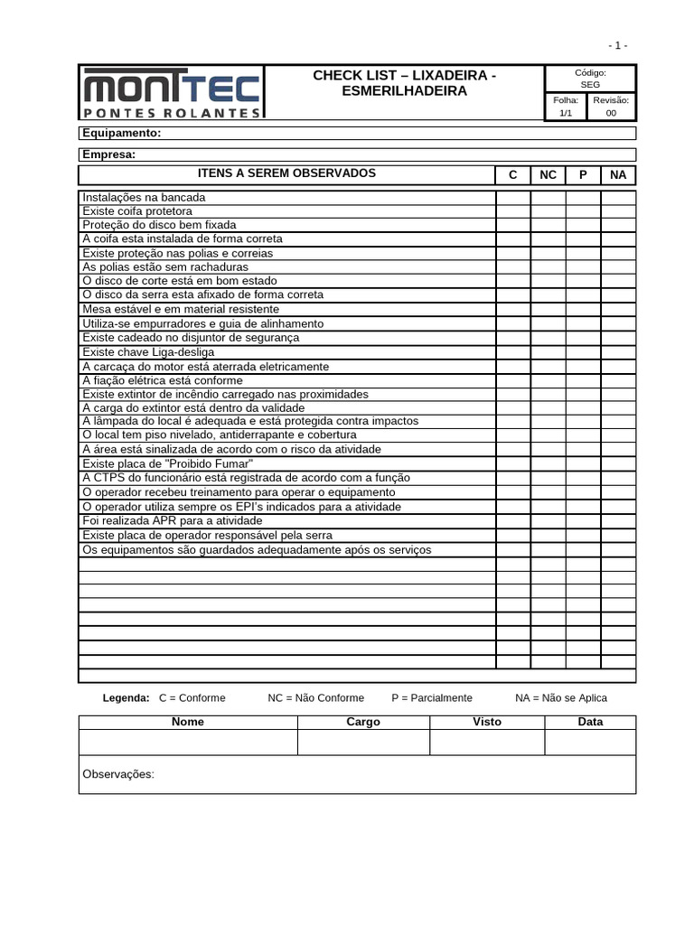 Check List de Segurança para Lixadeira | PDF