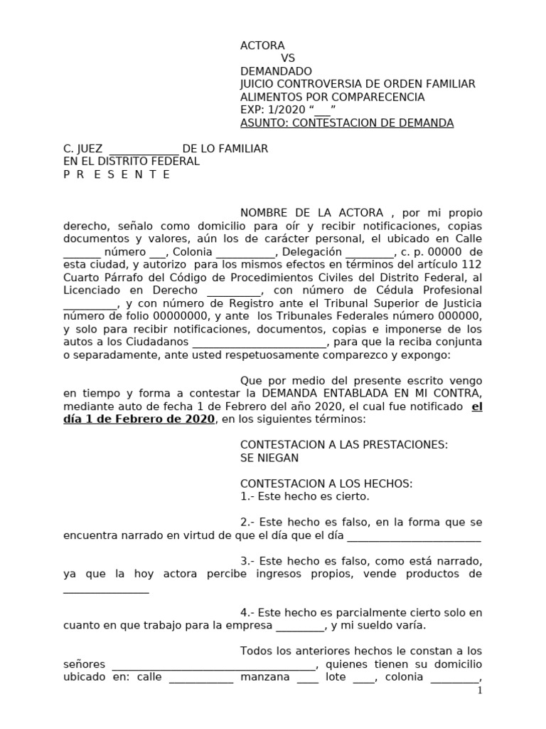 Contestación a Demanda de Alimentos | PDF | Demanda judicial | Business