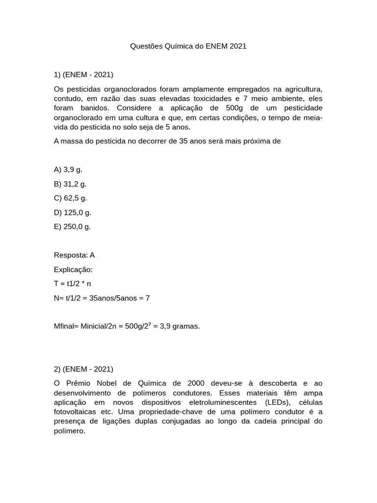 Questões Química Do ENEM 2021 | PDF