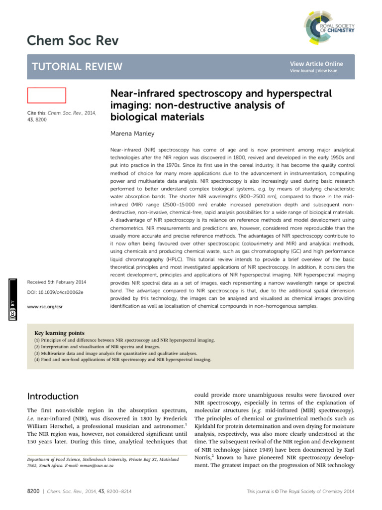 NIR Near-Infrared Spectroscopy and Hyperspectral Imagi | PDF
