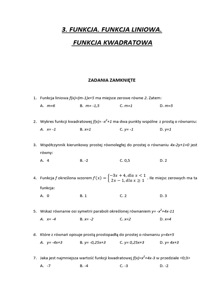 Funkcja. Funkcja Liniowa. Funkcja Kwadratowa | PDF