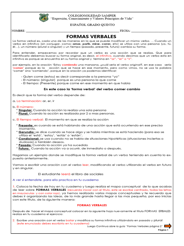 Guia Formas Verbales Pagina 1 | PDF | Verbo | Artes del Lenguaje y ...
