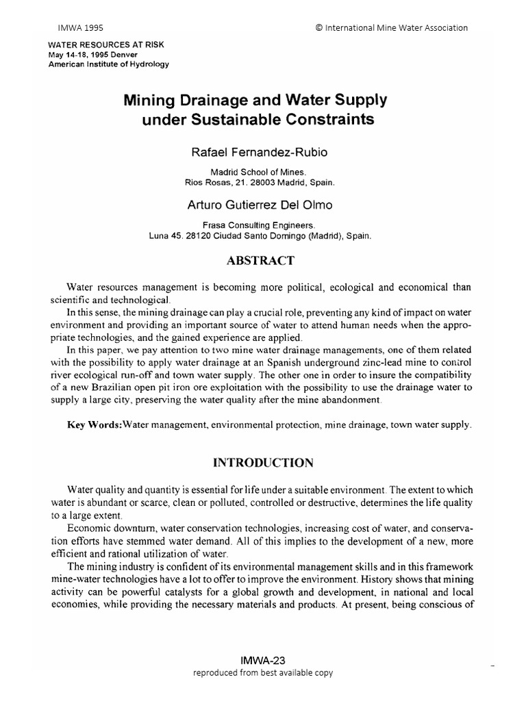 Mining Drainage and Water Supply Under Sustainable Constraints | PDF
