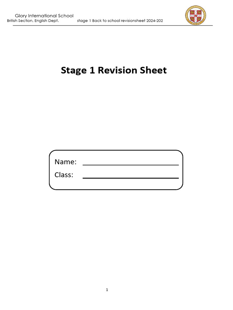 Stage 1 Back 2 School Revision Sheet Pdf