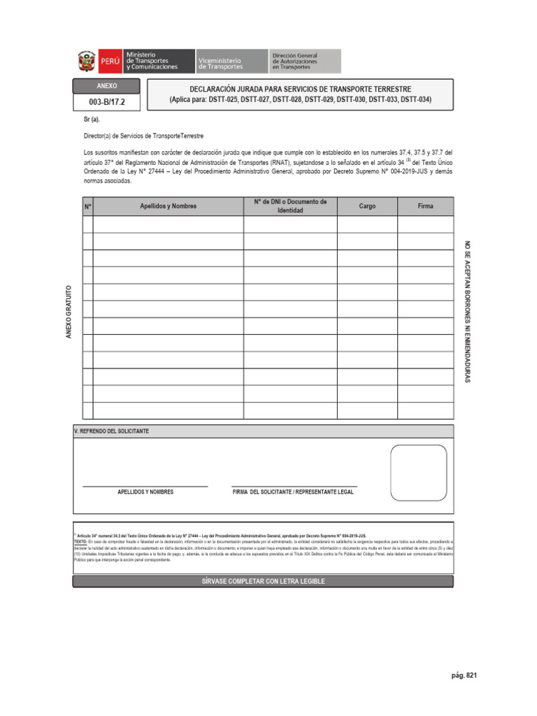 Declaración Jurada para Servicios de Transporte Terrestre (Aplica Para ...