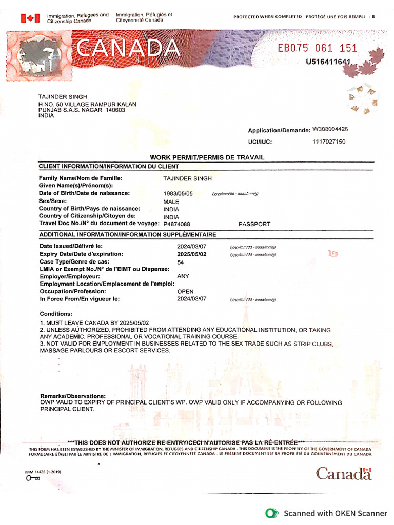 Tajinder Singh Open Work Permit | PDF