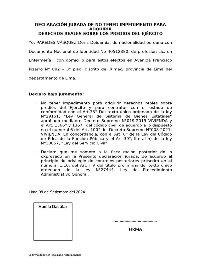 8.declaracion Jurada de No Tener Impedimento para Adquirir 2024 | PDF