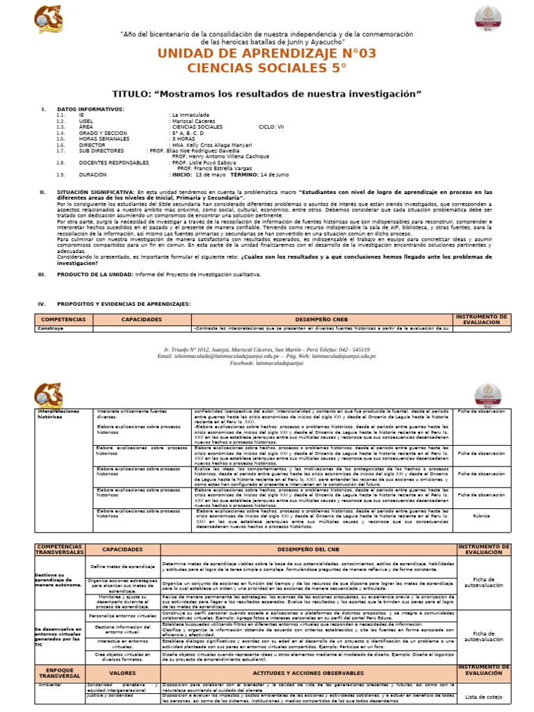 CCSS 5° Unidad de Aprendizaje 03 | PDF