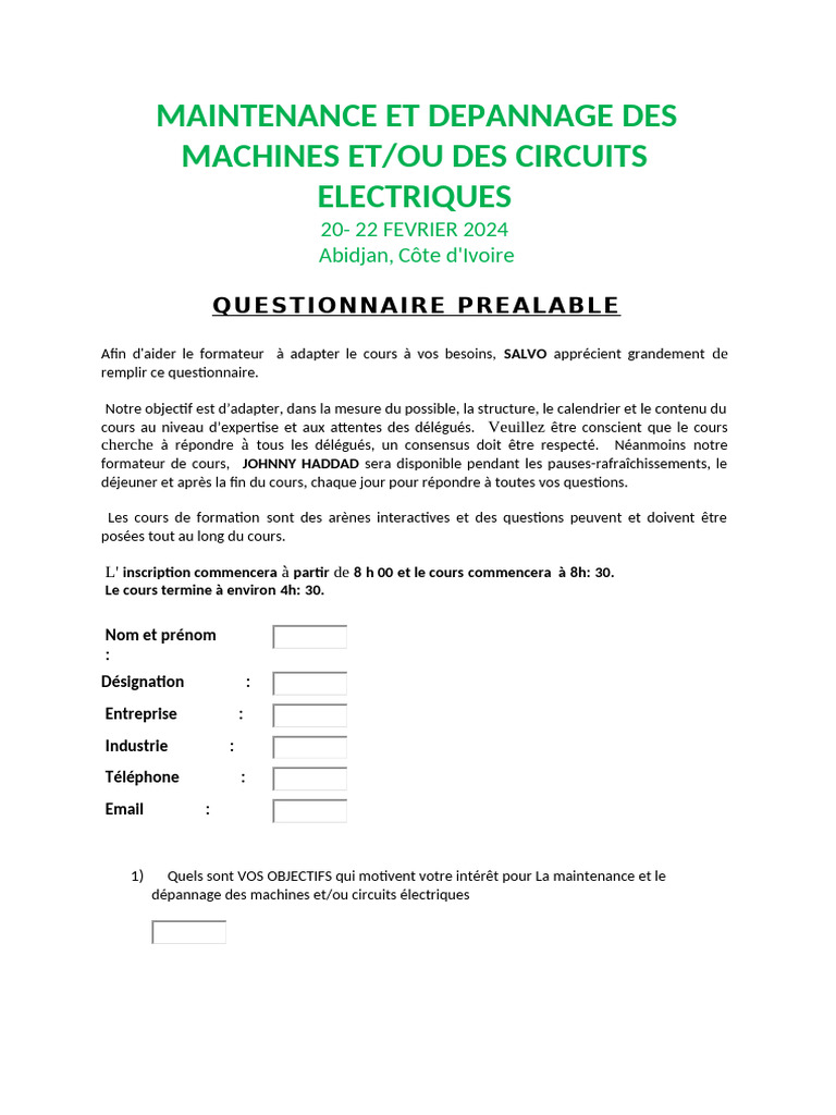 Pre course questionnaire Maintenance et Depannage electrique 2024 PDF
