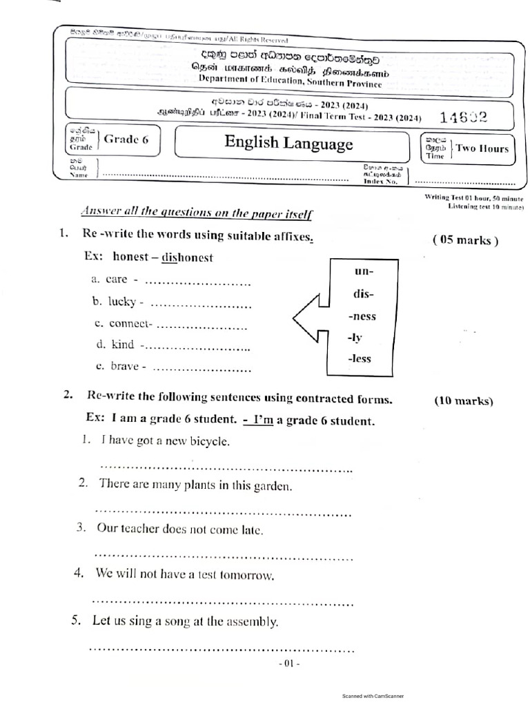 English - Grade 6 - Third Term Test 2023 - Southern Province | PDF