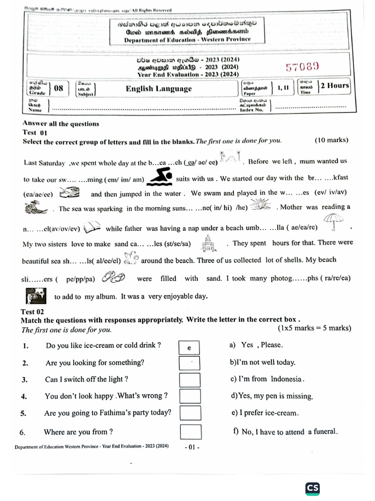 English - Grade 8 - Third Term Test 2023 - Western Province | PDF