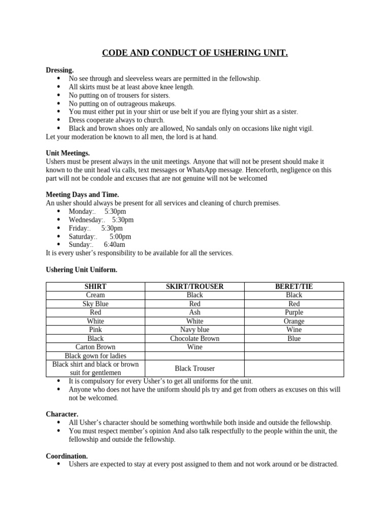 Ushering Unit Code of Conduct | PDF