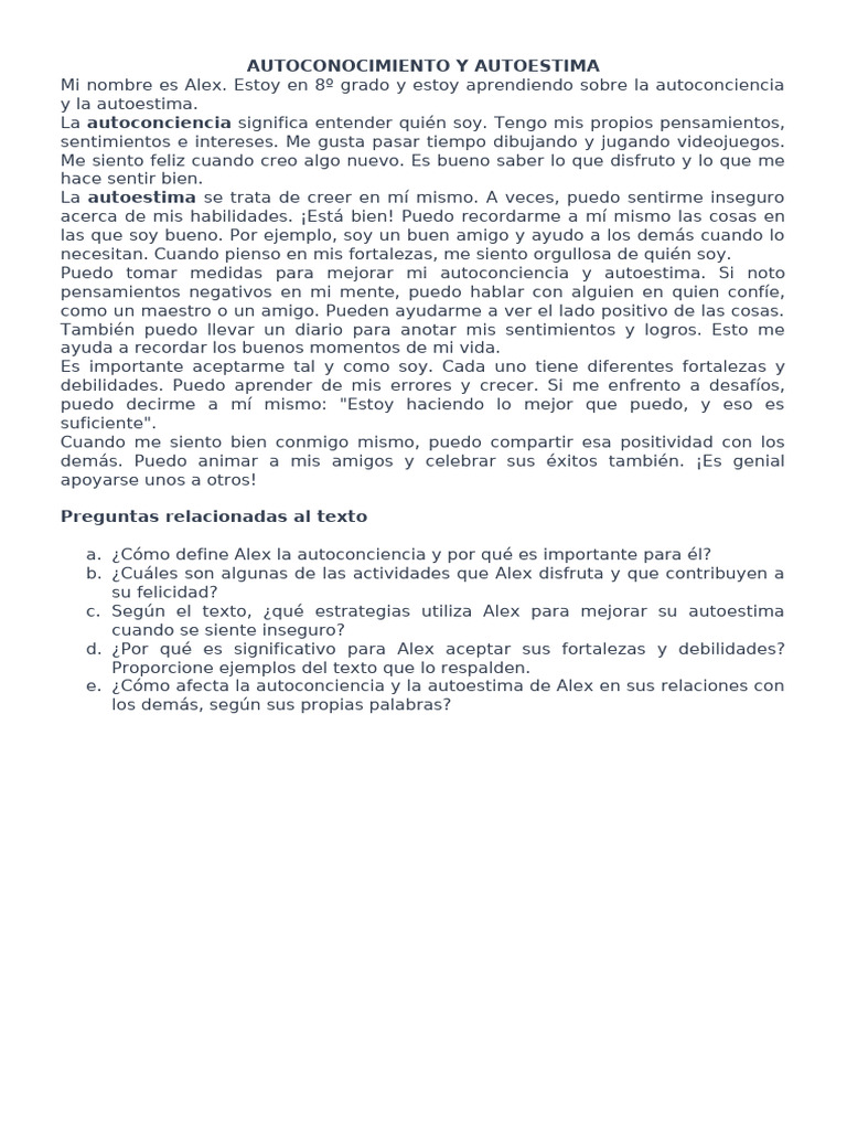 Autoconocimiento y Autoestima en 8º Grado | PDF
