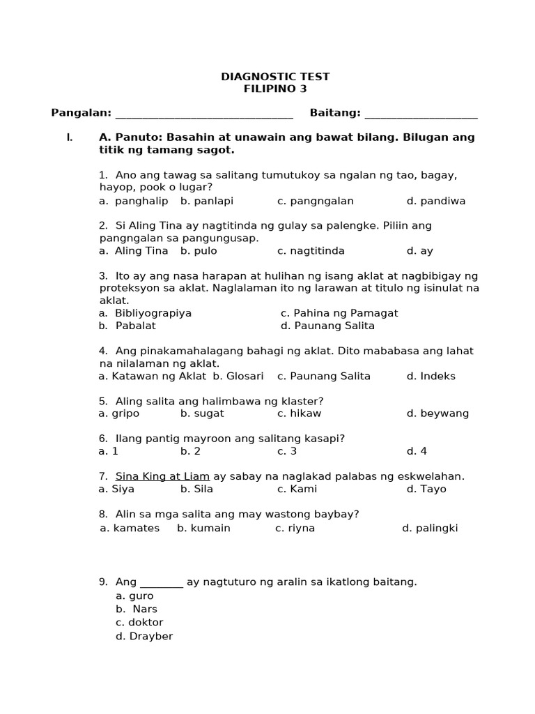 Diagnostic Test Filipino 3 | PDF