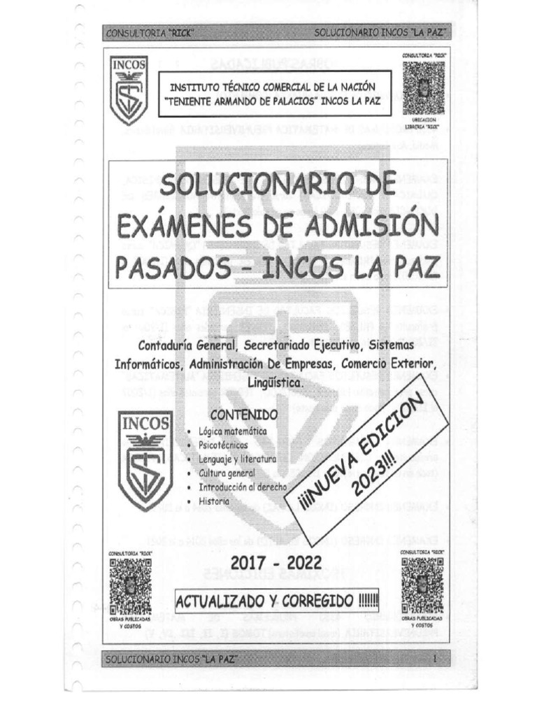 Solucionario de Examenes de Admision Pasados INCOS La Paz Nueva Edicion ...