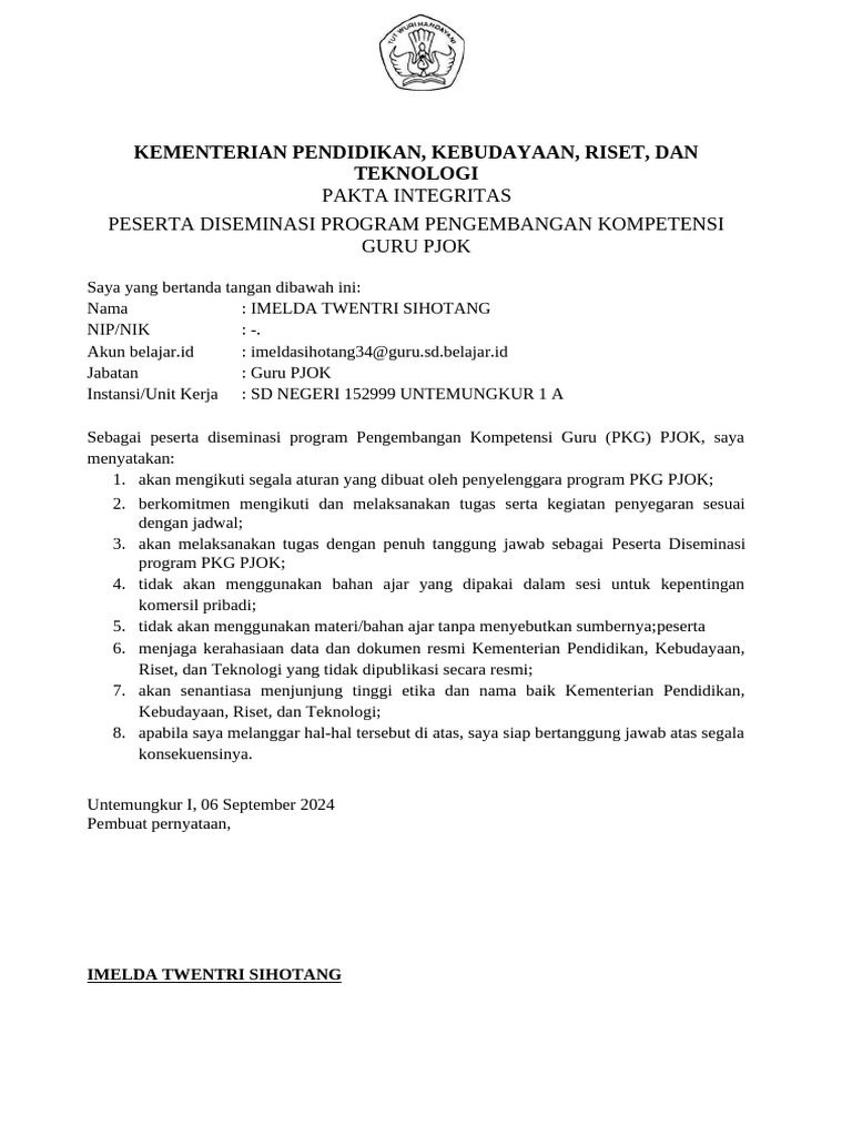 Template pakta integritas peserta penyegaran pkg pjok 2 pdf