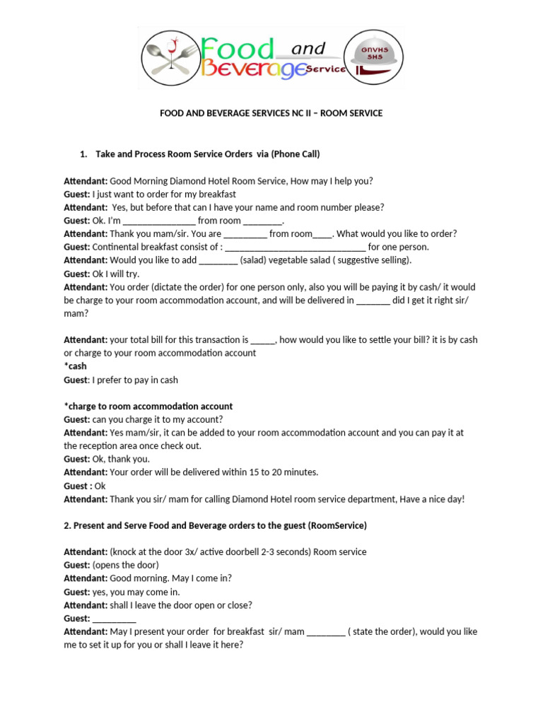 Room Service Script for F&B NC II | PDF | Eating Behaviors Of Humans ...