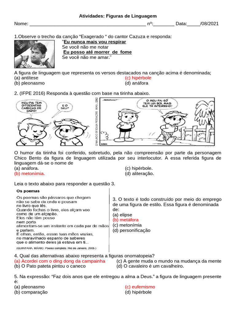 Exercícios - FIGURAS DE LINGUAGEM | PDF