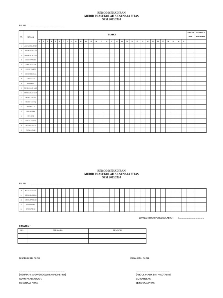 Rekod Kehadiran Murid Pdf