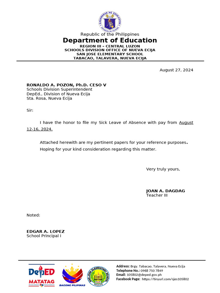 SJES Request Letter For Sick Leave | PDF