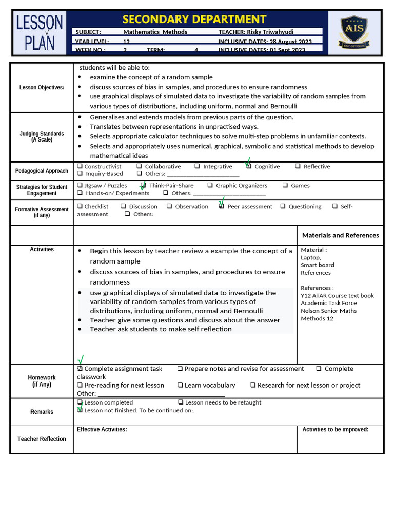 Lesson Plan T4 Week 2 Y12 - 28 Aug - 01 Sept 2023 | PDF | Sampling ...
