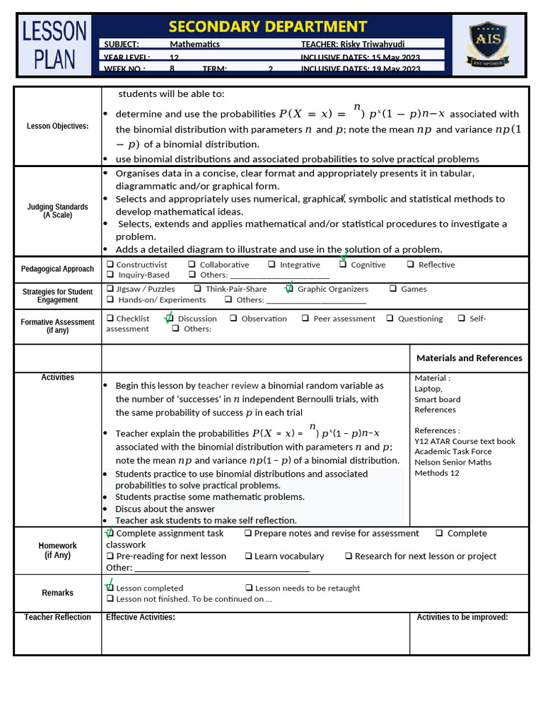 Binomial Distribution Lesson Plan | PDF | Statistics | Inquiry Based ...