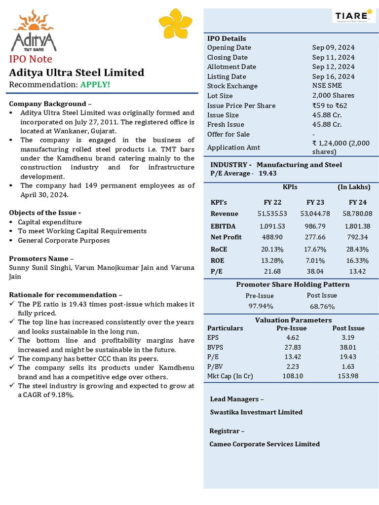 Aditya Ultra Steel IPO Overview and Analysis | PDF | Expense | Equity ...