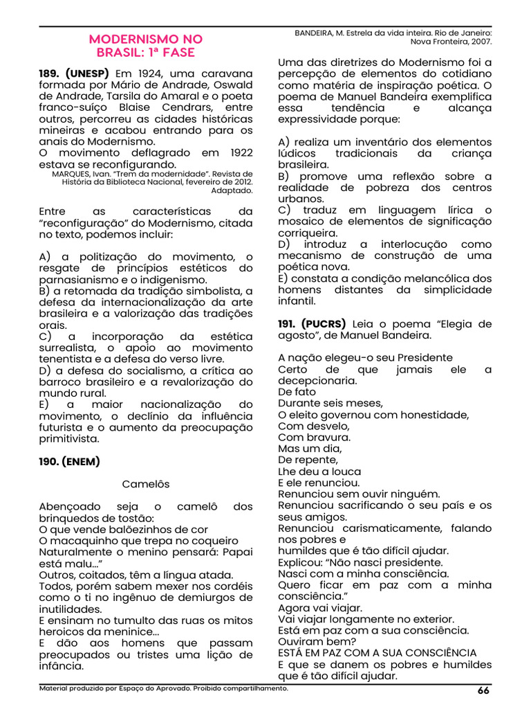literatura - modernismo 1 - gabarito - questoes para enem | PDF