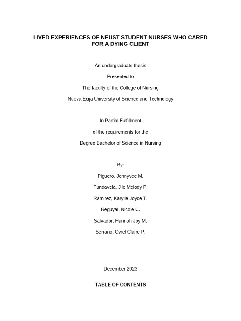 Lived Experiences of Neust Student Nurses Who Cared For A Dying Client ...