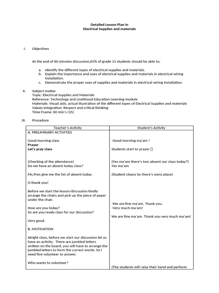 Detailed-Lesson-Plan-in-electrical Supplies and Materials | PDF