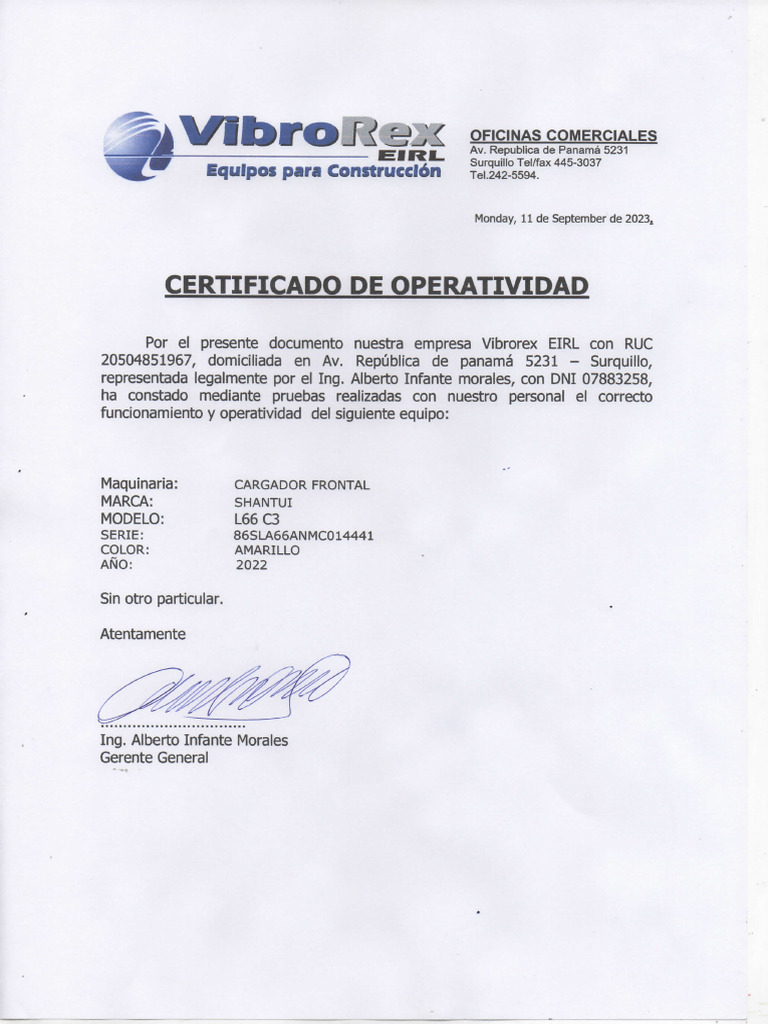 Cargador Frontal L66-C3_Certificado de Operatividad | PDF