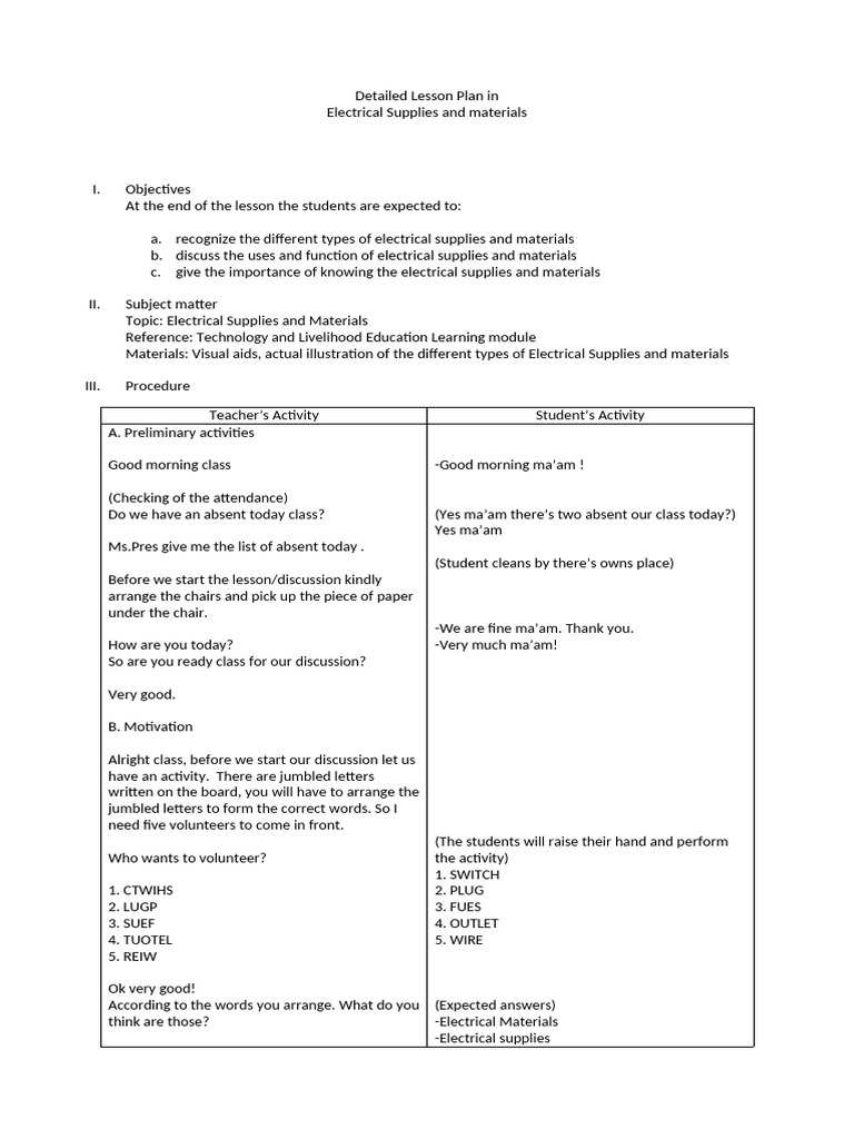 417611216 Detailed Lesson Plan In Electrical Supplies And Materials Pdf