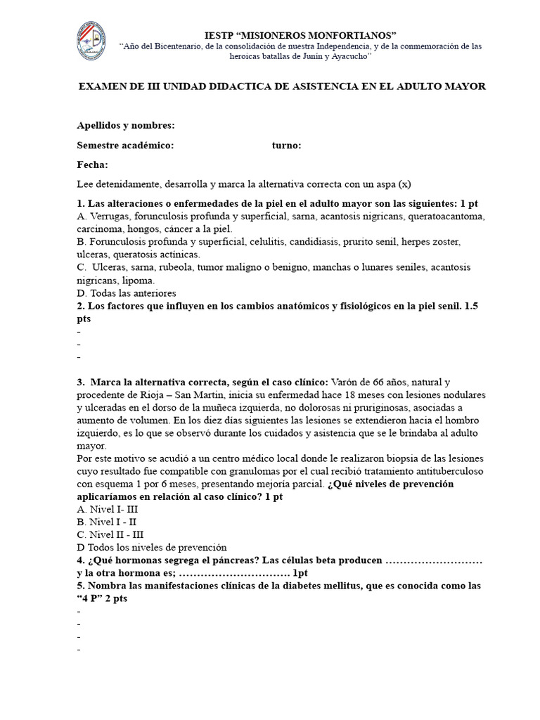 Examen Iii Ud Adulto Mayor | PDF