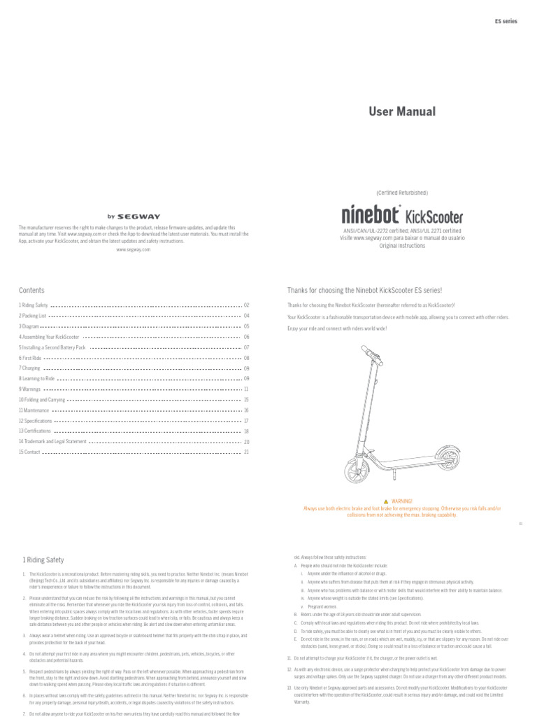 Segway-Ninebot Kickscooter ES Series Certified Refurbished User Manual ...