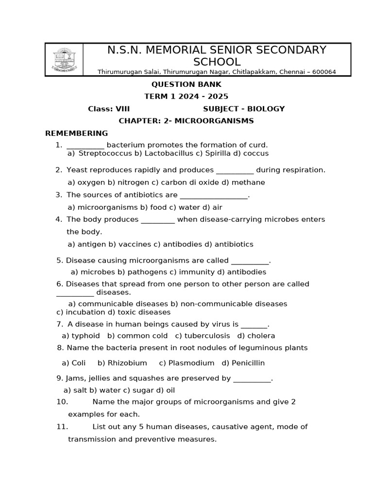 Class 8 ch2 microorganisms question bank pdf