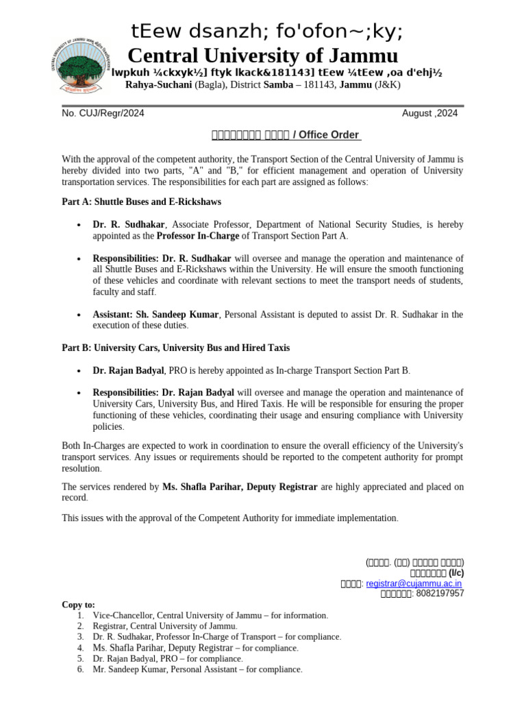 Office Order - Transport Section | PDF | Transport