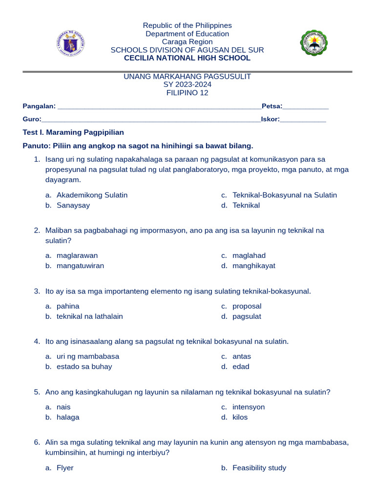 Unang Markahang Pagsusulit sa Filipino 12 | PDF | Social Sciences Books ...