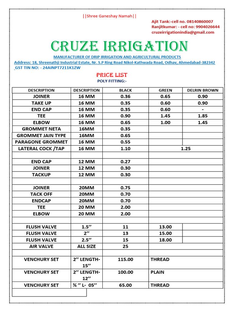 Drip Irrigation Price List Pdf