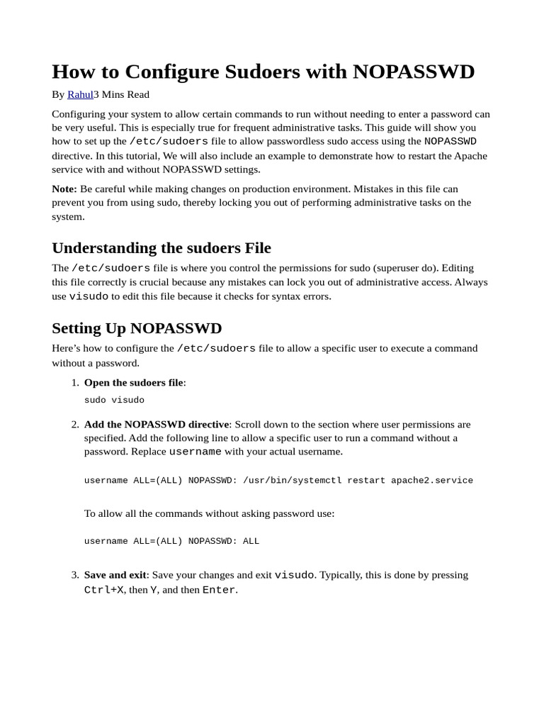 How To Configure Sudoers With NOPASSWD | PDF