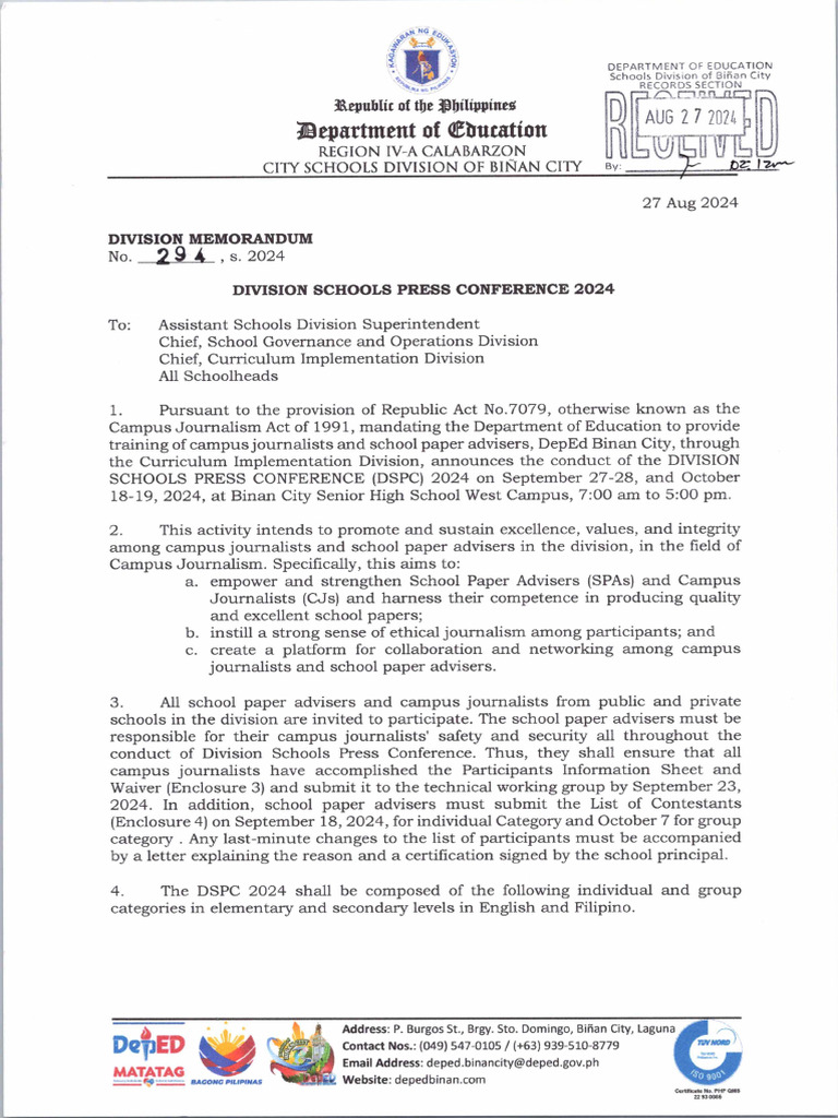 DM No. 294 S. 2024 Division Schools Press Conference 2024 | PDF