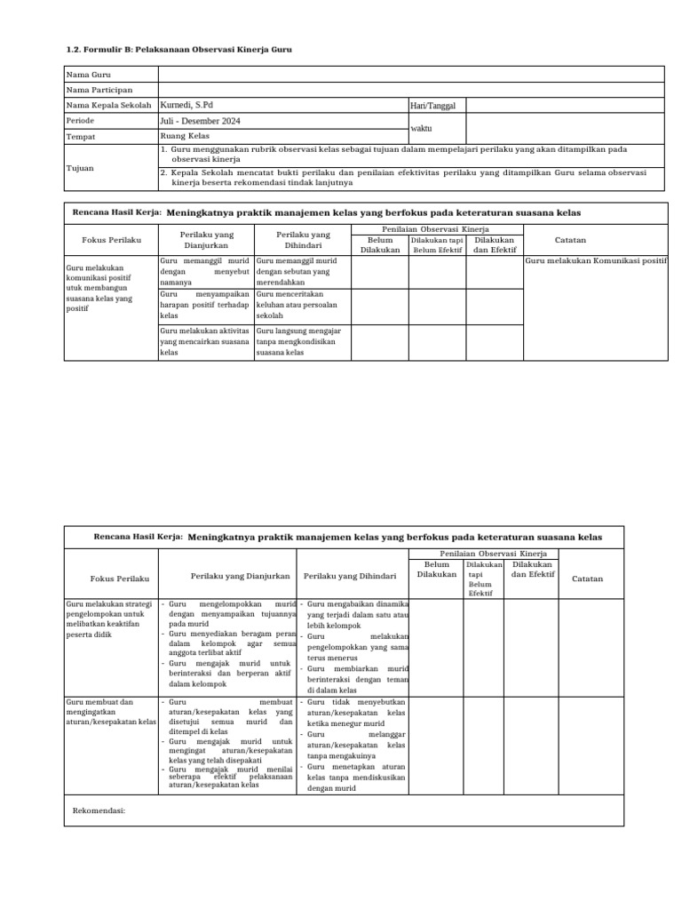 2 Rubrik Observasi Kinerja Guru Form B Pdf