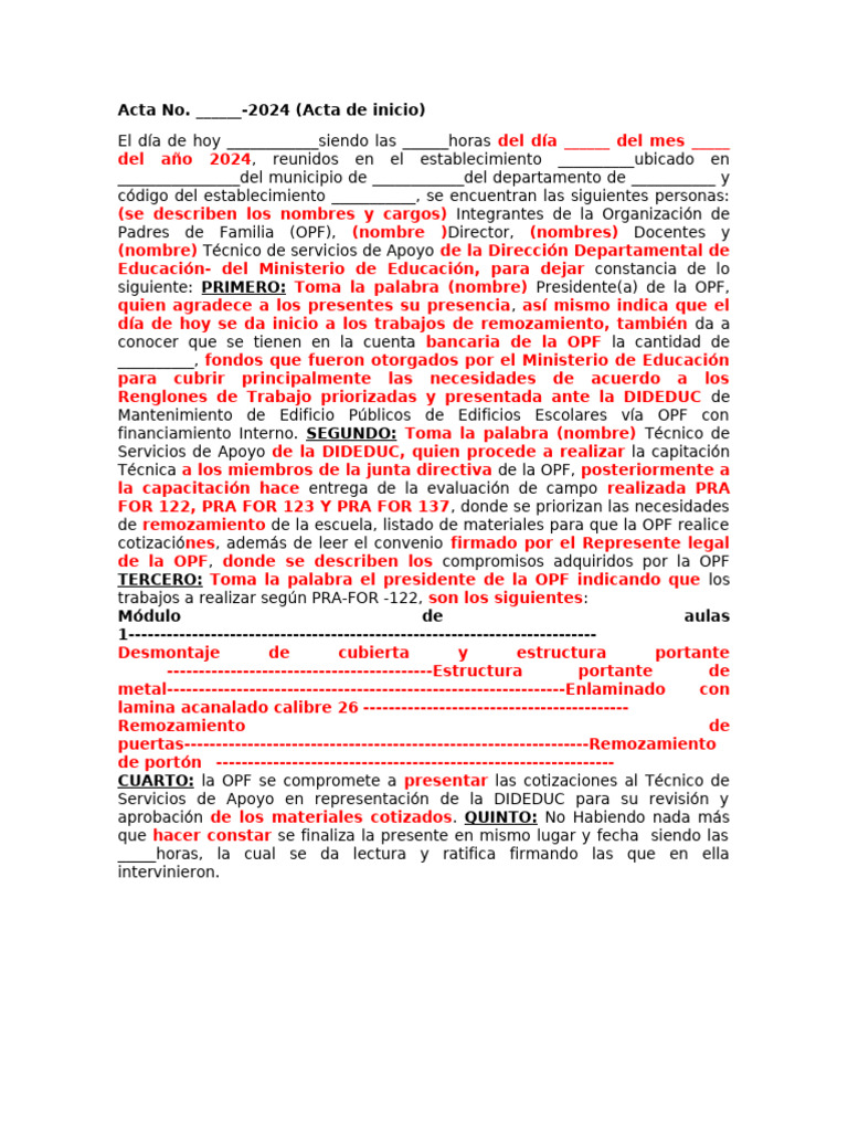 Modelo de Acta de inicio de las OPF 2024-1 | PDF
