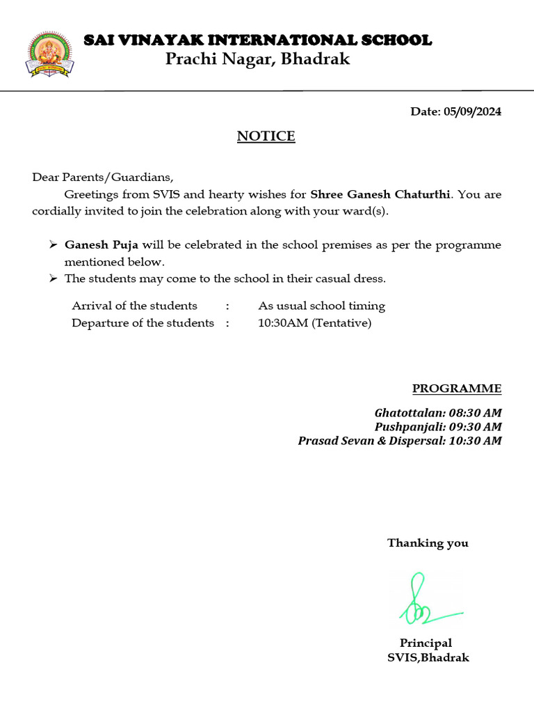 Ganesh Puja Notice Parents - 2024-25 | PDF