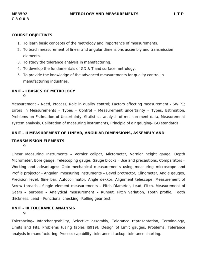 Syllabus Me3592 Metrology and Measurements | PDF