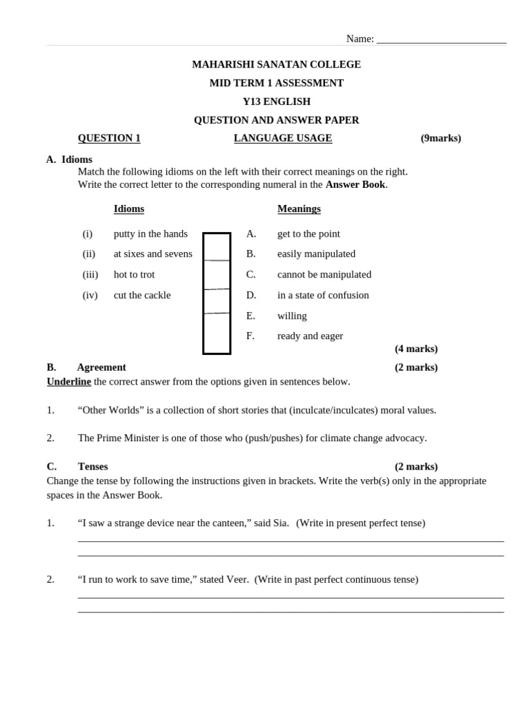 Year 13 Mid Term ASS QP & AB | PDF