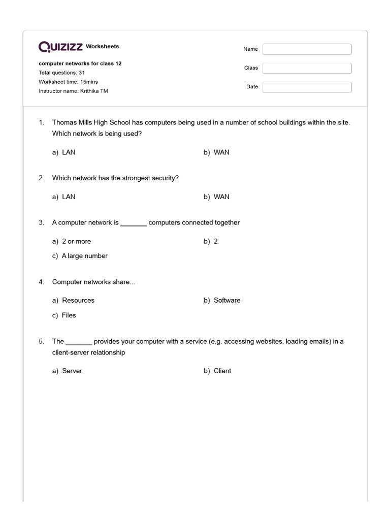 Computer Networks For Class 12 Worksheet | PDF